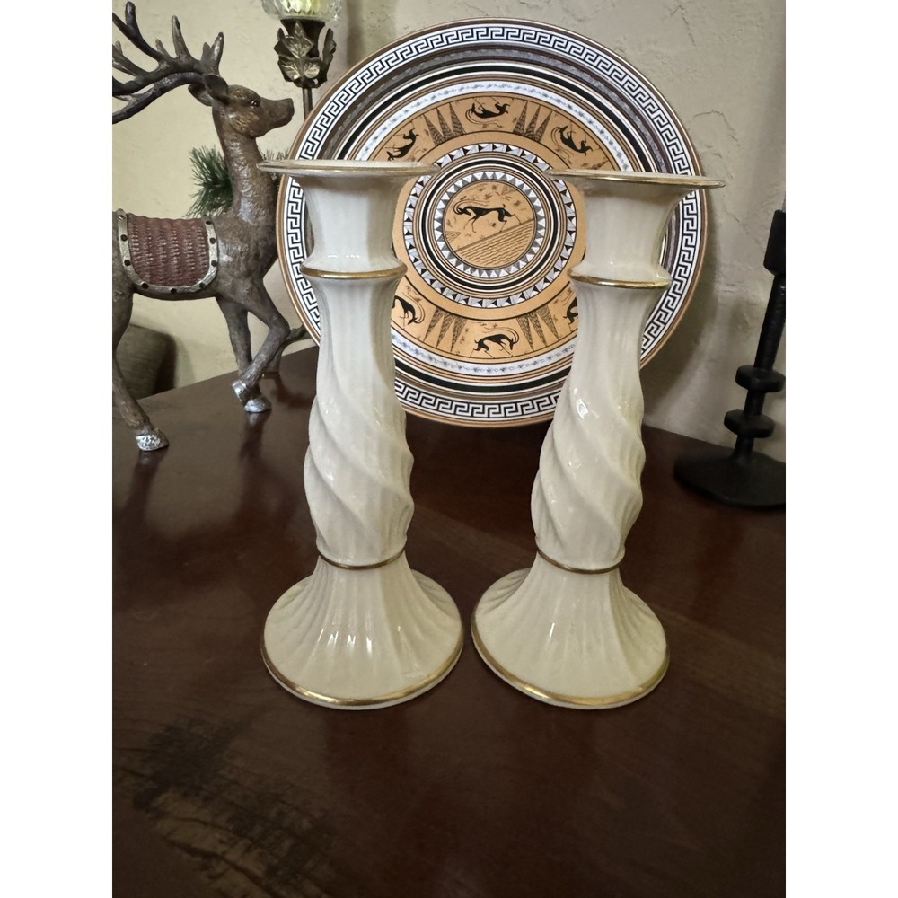 Lenox Richmond Collection 8" Candlesticks Ivory Porcelain Gold Trim Twisted